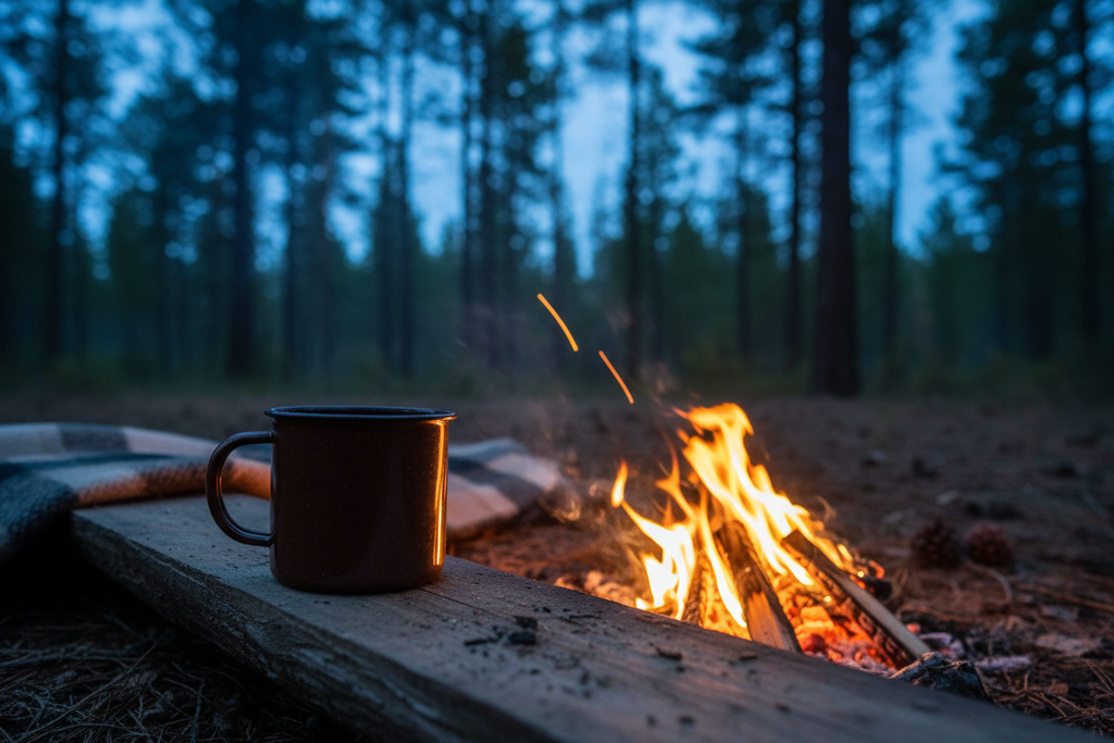 coffee cup sitting near a campfire in teh woods