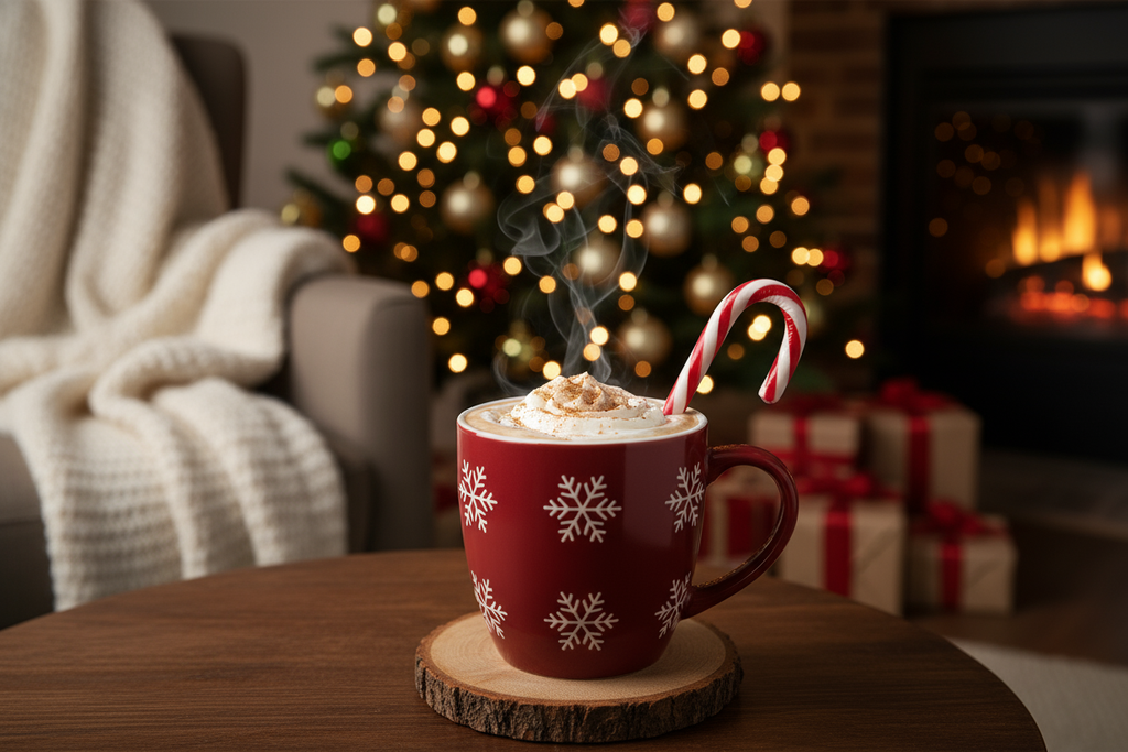 coffee cup with a candy cane sticking in it in front of a Christmas tree